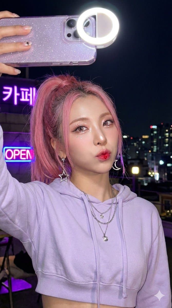 Photoreal K-pop selfie on rooftop