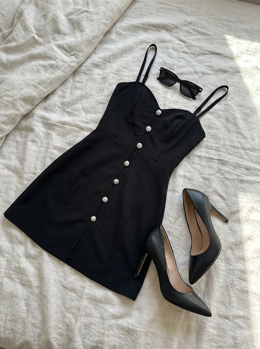 Clothing laid out separately on a bed — example 1