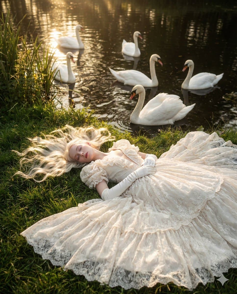 Ethereal Fantasy Portrait with Swans and Golden Hour Light — example 1
