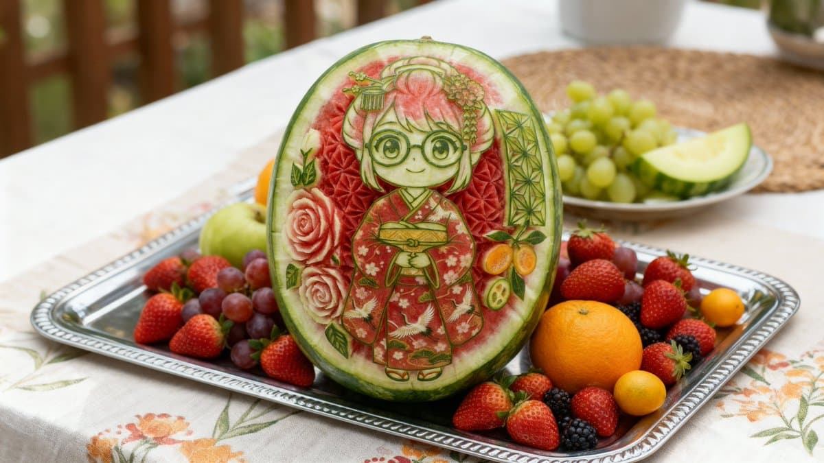 Photorealistic Watermelon Carving of an Original Character (OC) — example 1