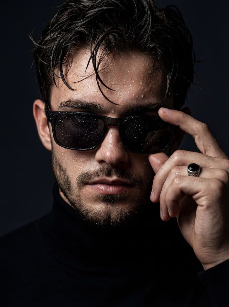 Moody Cinematic Close-Up Portrait with Wet Skin — example 1