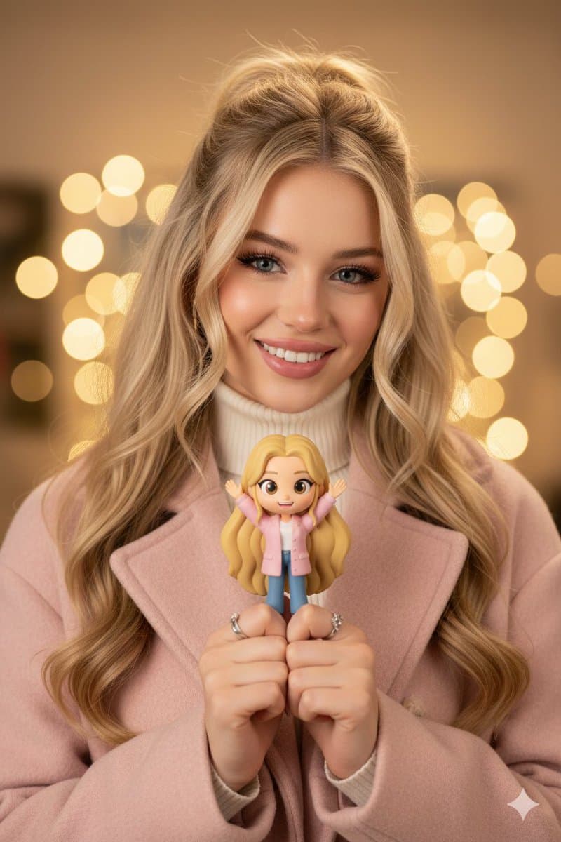 Hyper-realistic Portrait with Chibi Figurine Prompt — example 1