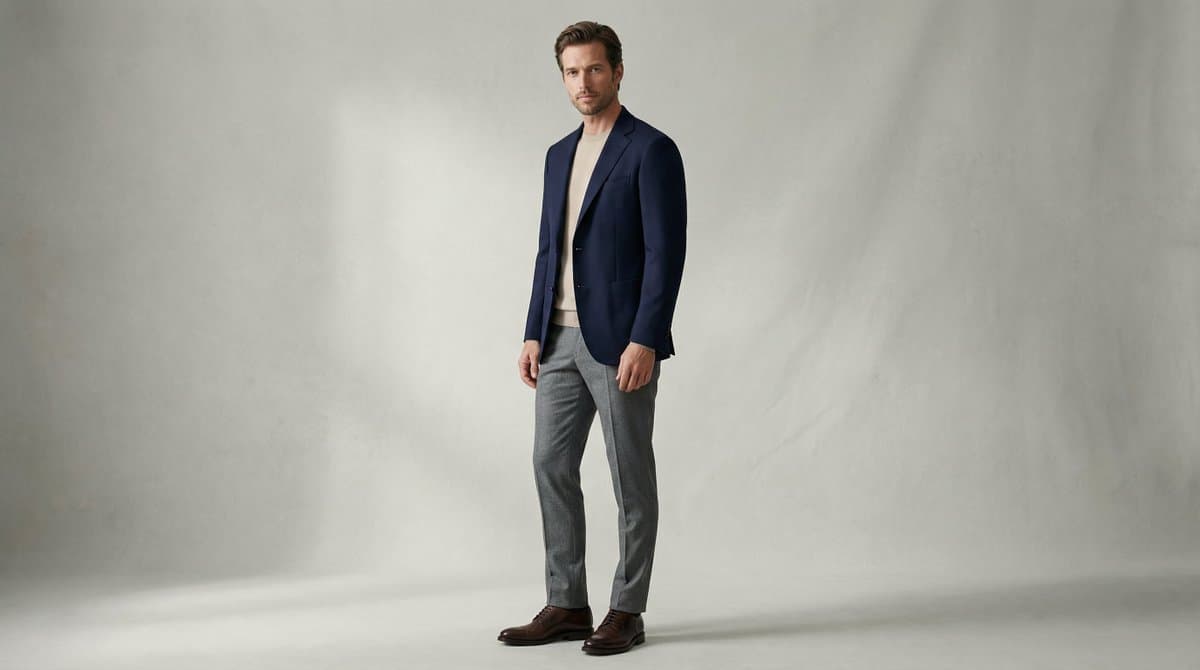 Fashion Magazine Style Photo of a Male Model in Office Casual — example 1