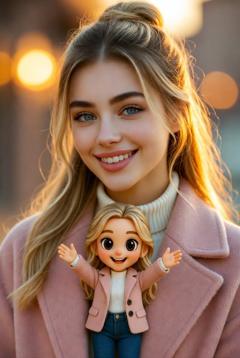 Cinematic Portrait with Miniature Chibi Figurine — example 1