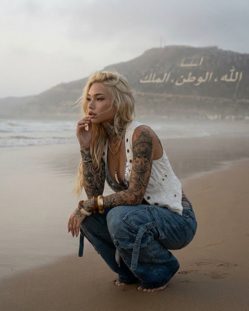 Tattooed Woman on Misty Beach Fashion Editorial — example 2