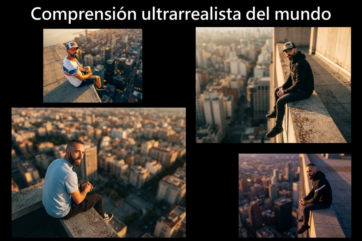Cinematic rooftop portrait from reference photos — example 1
