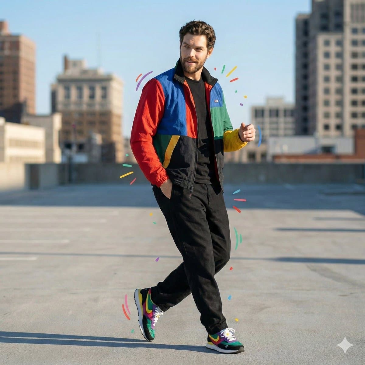 Color-Blocked Fashion Portrait with Graphic Accents — example 2