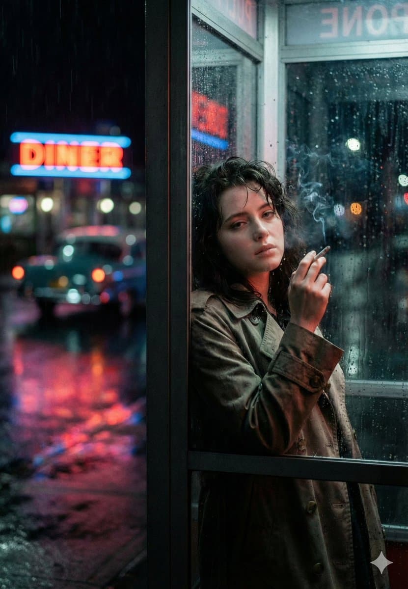 Neo-Noir Phone Booth Scene in the Rain — example 1