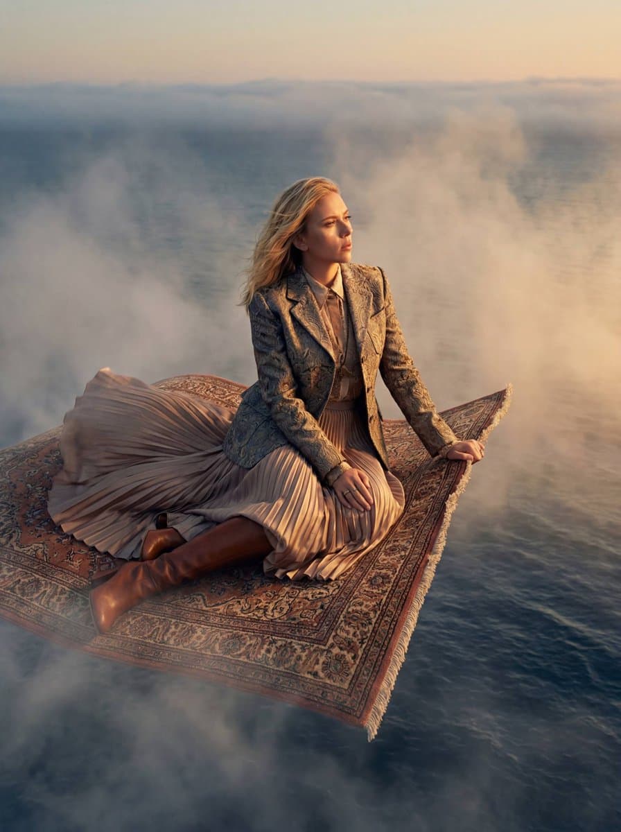 High-Fashion Editorial on a Flying Magic Carpet — example 1