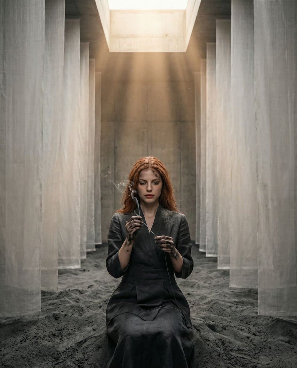 The Symmetrical Ash Ritual: Hyper-Realistic Brutalist Portrait — example 1