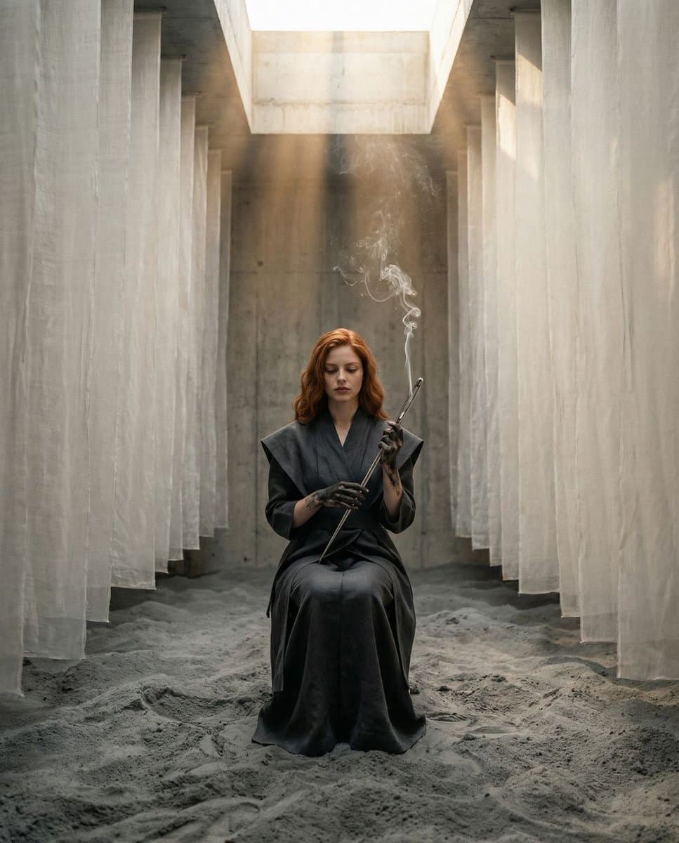 The Symmetrical Ash Ritual: Hyper-Realistic Brutalist Portrait — example 2