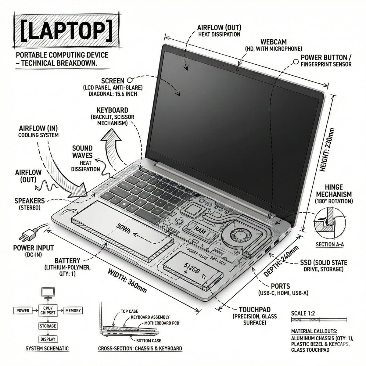 Technical Infographic Overlay on a Laptop Image — example 1