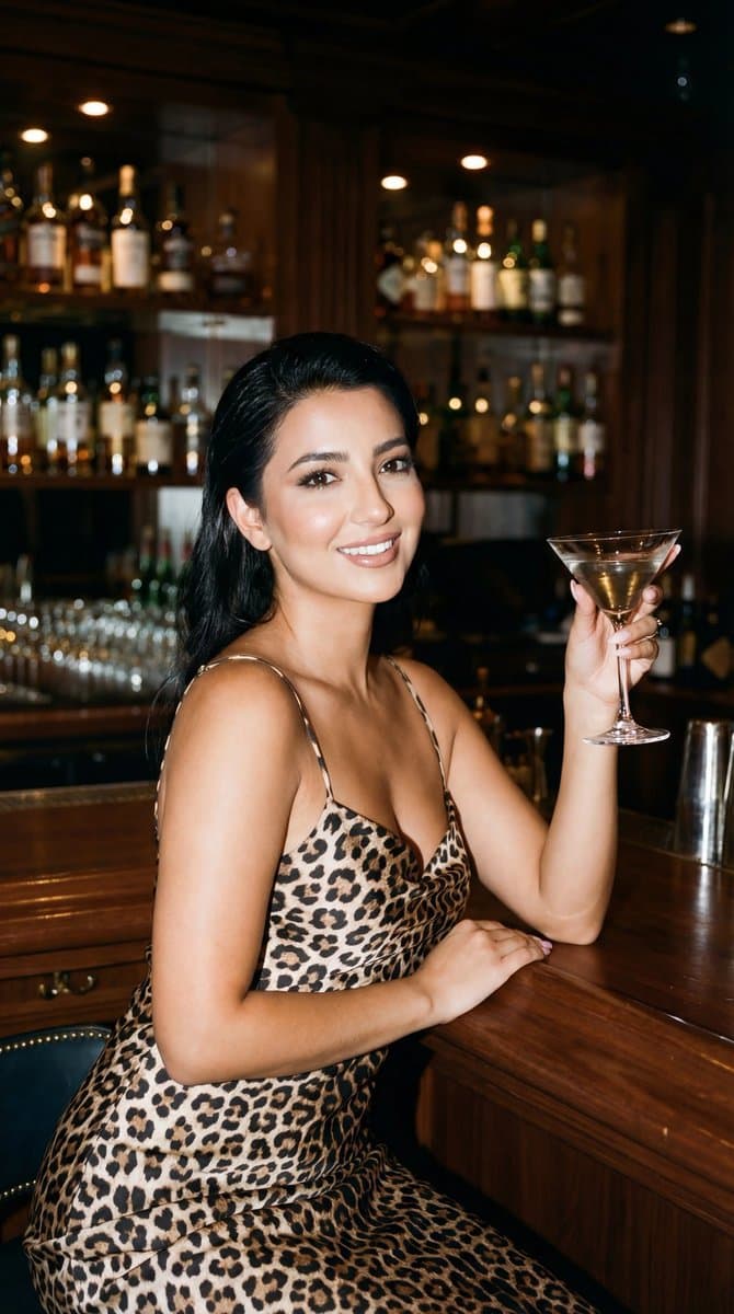 Photoreal Luxury Bar Portrait (Leopard Dress)