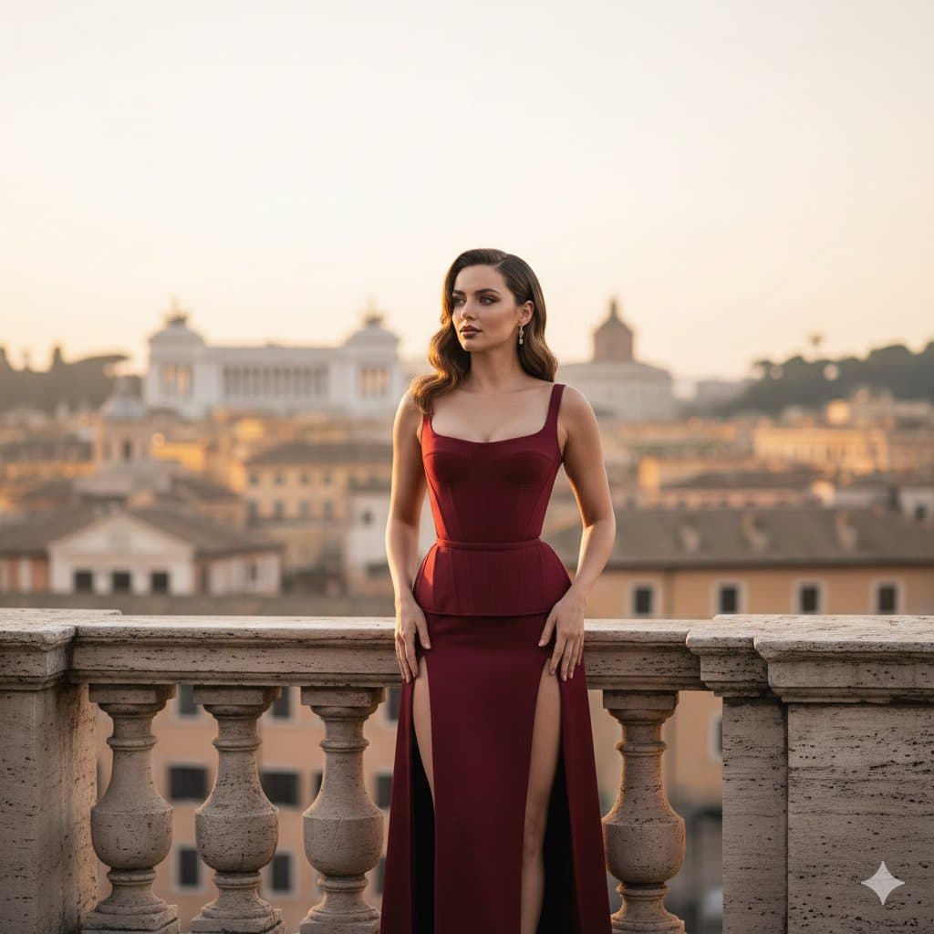 Ana de Armas Roman Balcony Editorial Prompt (Version 2) — example 1
