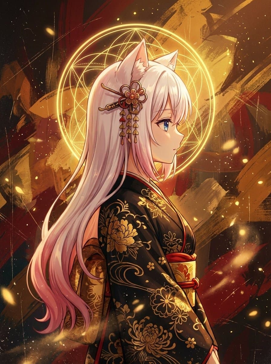 Surreal Anime Nekomimi in Kimono — example 1