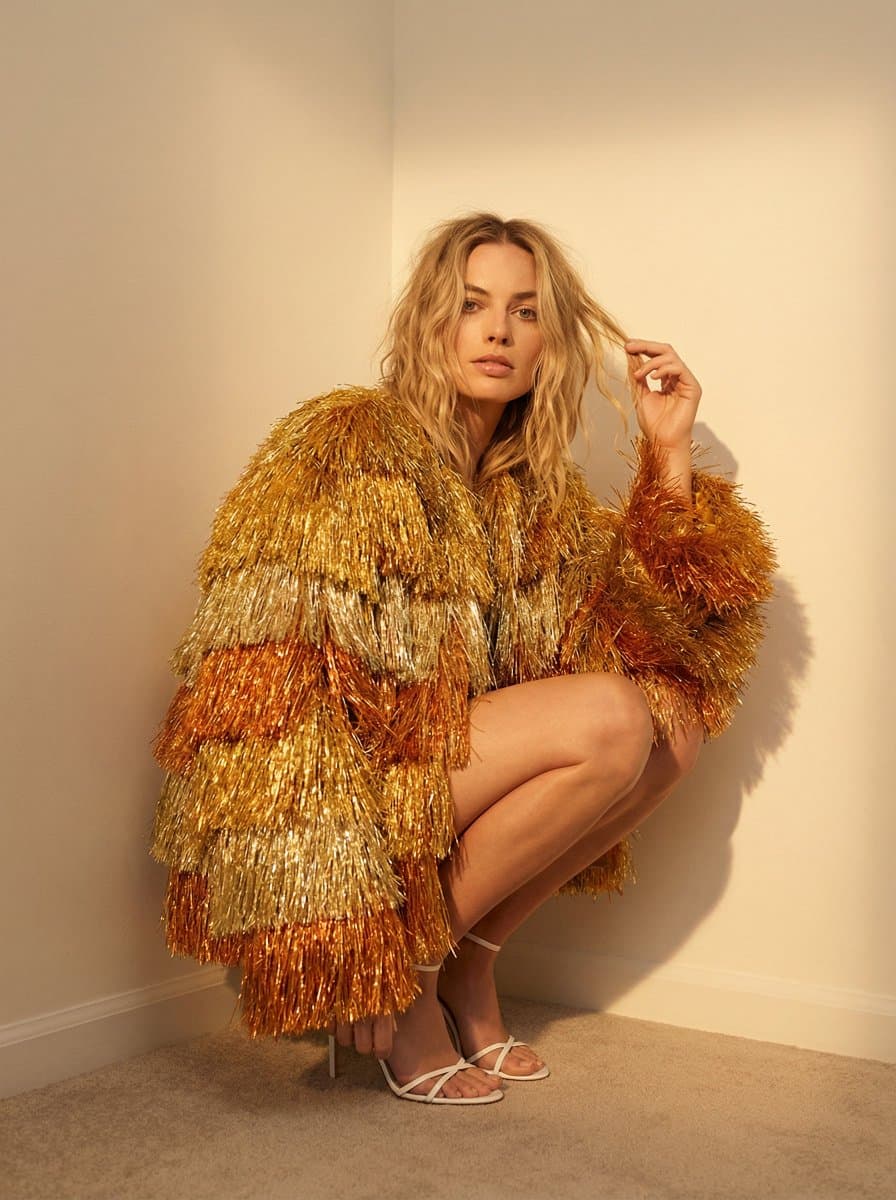 High-Fashion Editorial with Metallic Fringe Coat — example 1