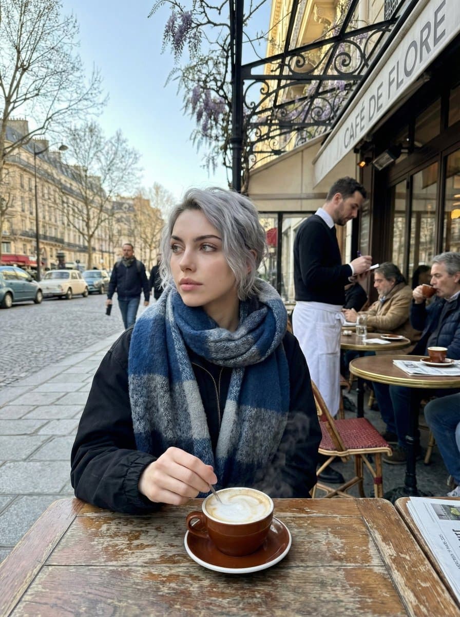 Paris Marais cafe terrace portrait prompt — example 1