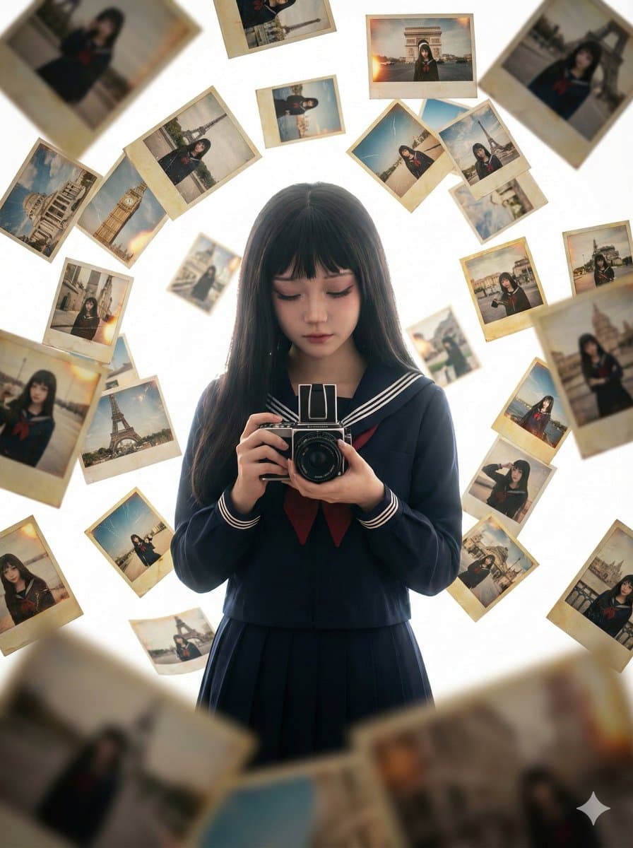 Photorealistic Asian Girl with Floating Photos Prompt (JSON Format) — example 1