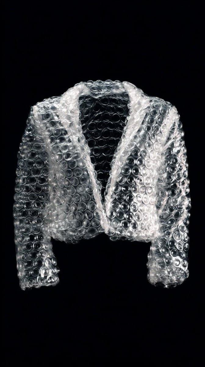 Minimalist studio shot of transparent bubble wrap fashion item — example 2
