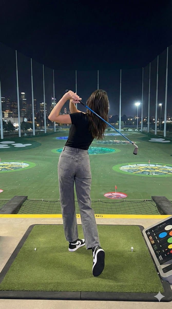 Fashion editorial of Kendall Jenner at a luxury night golf range — example 4