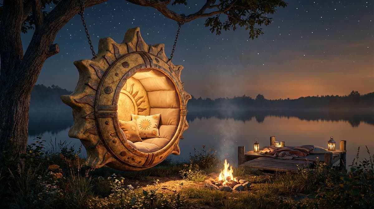 Cinematic lakeside hanging chair concept prompt with space object theme — example 3