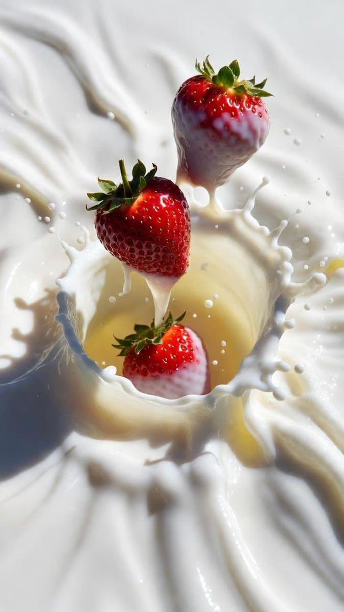 Macro Shot of Strawberries Falling into Milk — example 3