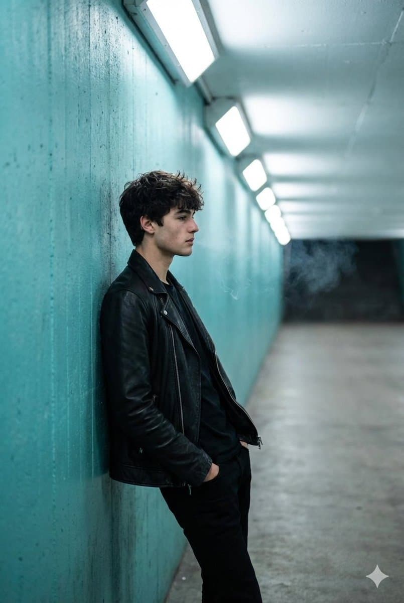 Cinematic Full Shot of a Man in a Turquoise Tunnel — example 1