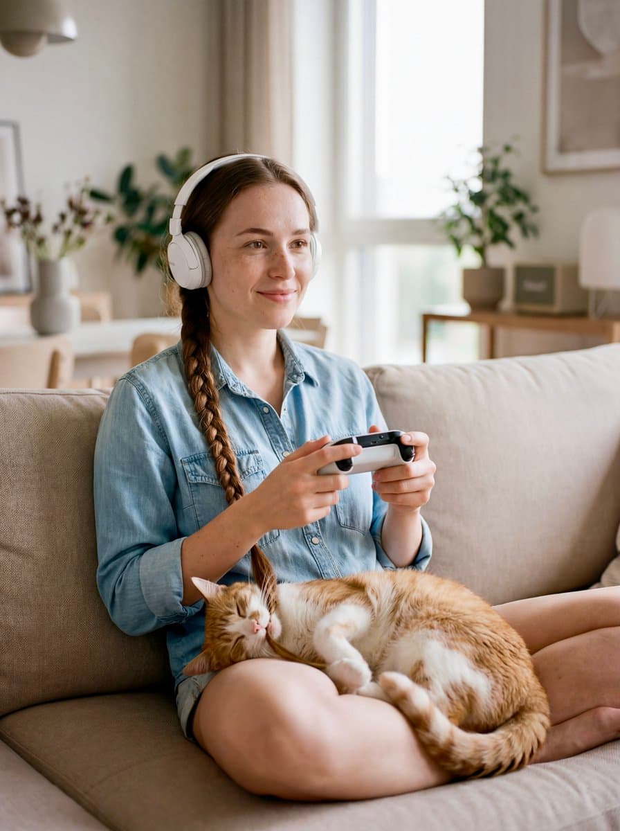 Editorial Portrait of Woman and Cat with Braid Interaction — example 1