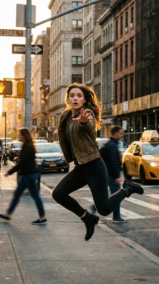 Cinematic Freeze-Frame Action Shot in NYC Prompt — example 1