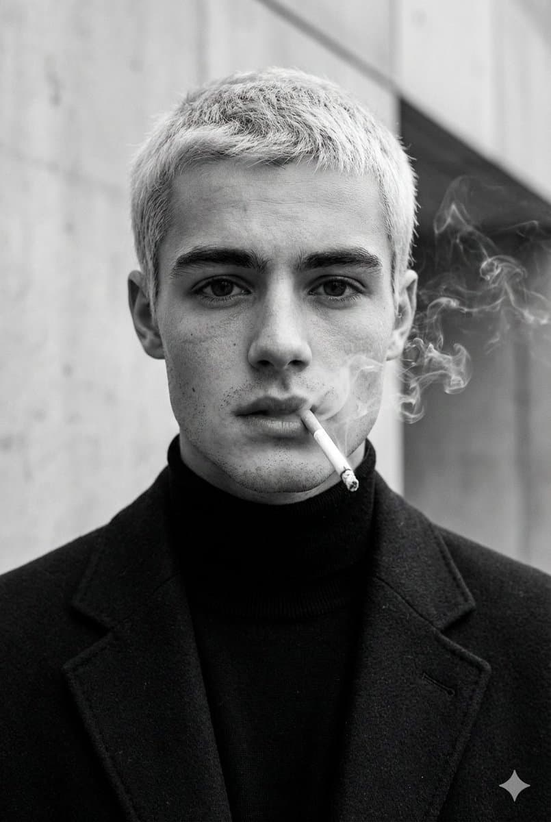 High-Fashion Black and White Portrait with Cigarette Smoke — example 1