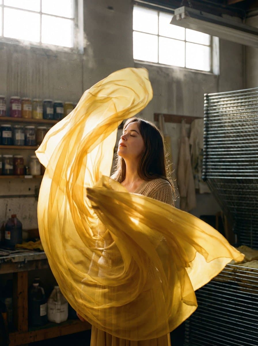 Surreal Fashion Portrait in a Textile Dye Workshop — example 1