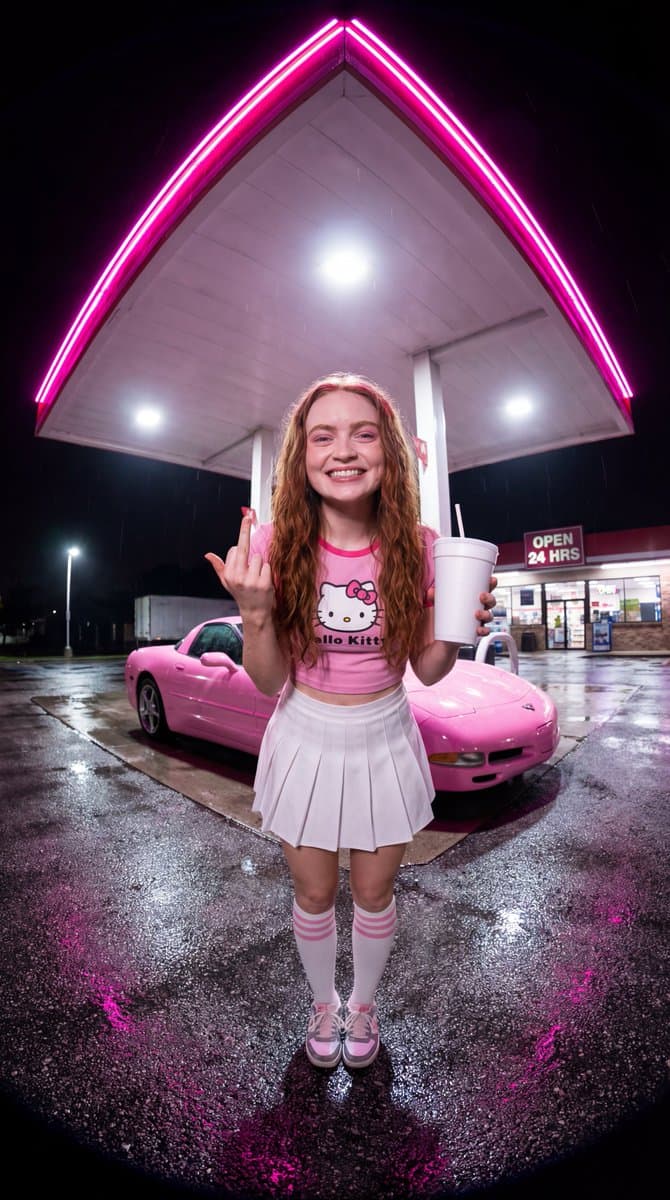 Sydney Sweeney Neon Gas Station Portrait — example 2