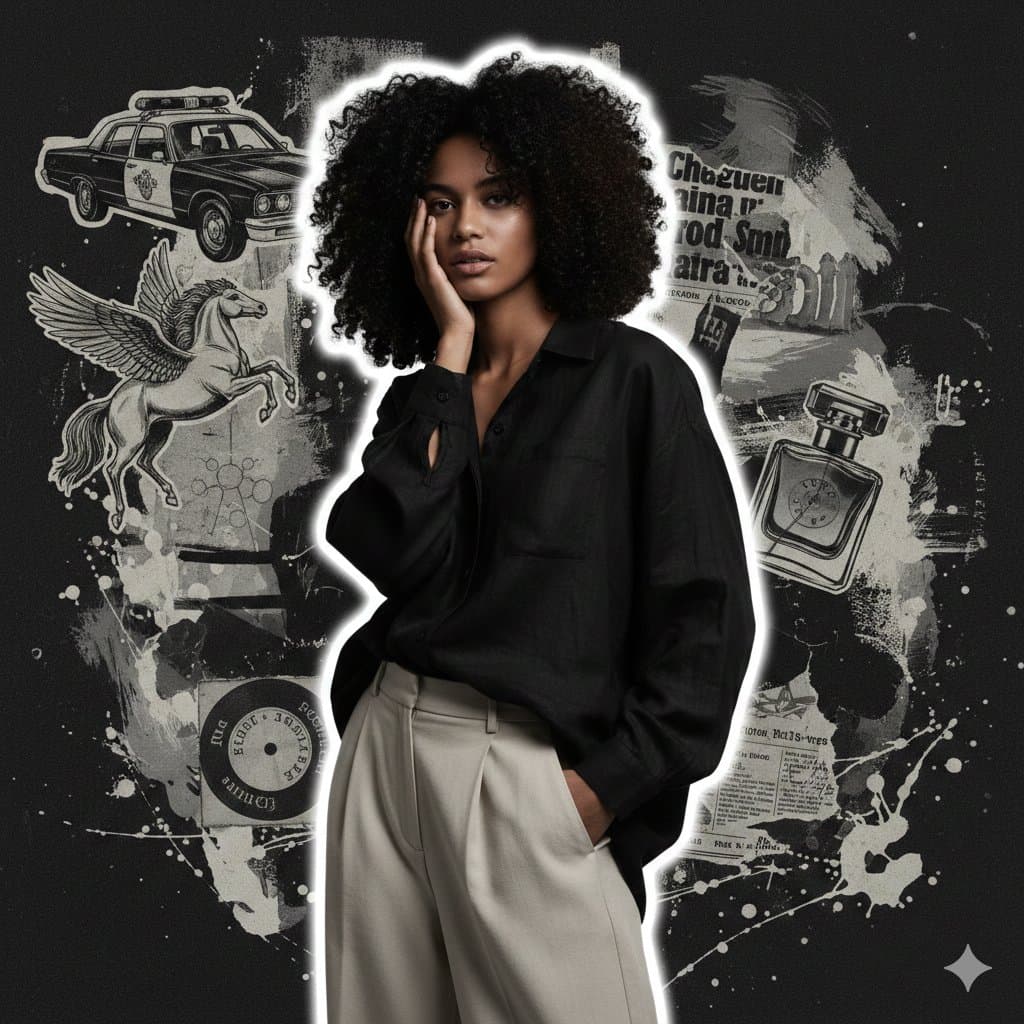 High-Fashion Grunge Portrait with Artistic Collage Background — example 1