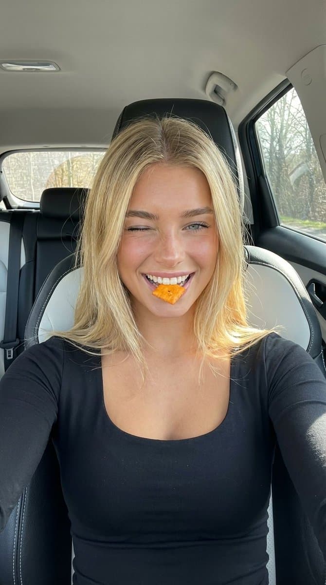 Car Selfie with Cheese Cracker Prompt — example 1