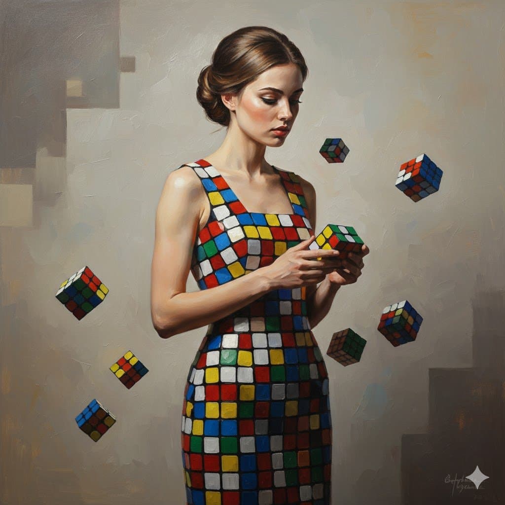 Hyper-realistic portrait of model in Rubik's cube dress — example 1