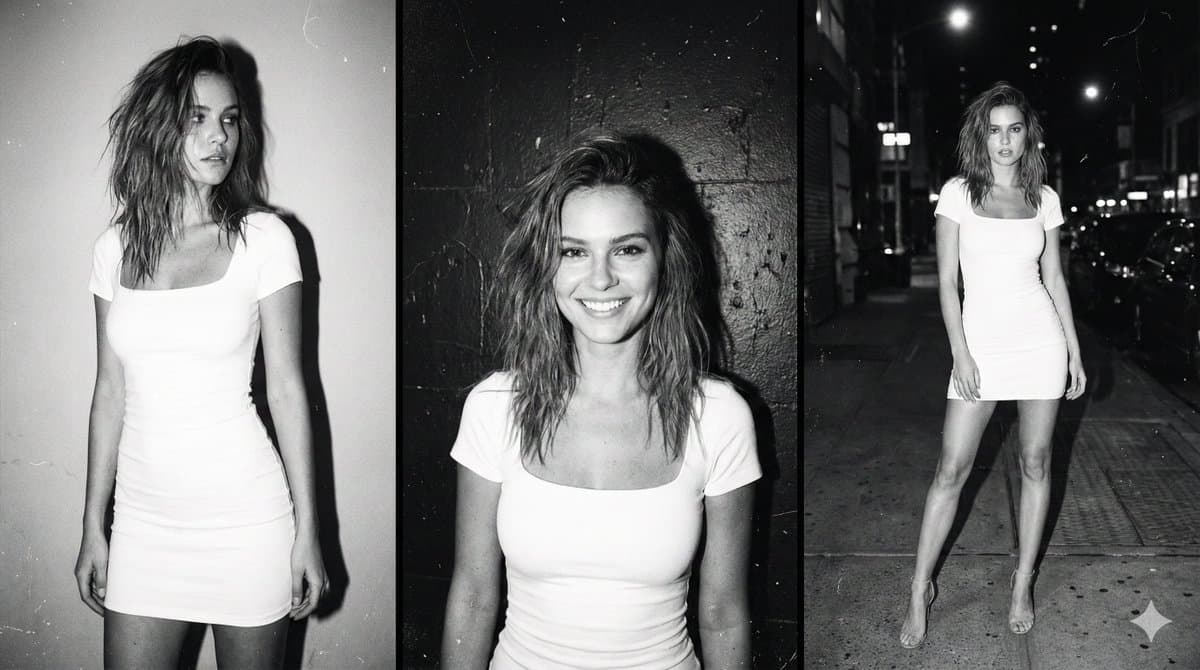 Multi-panel black and white film photo of model — example 1