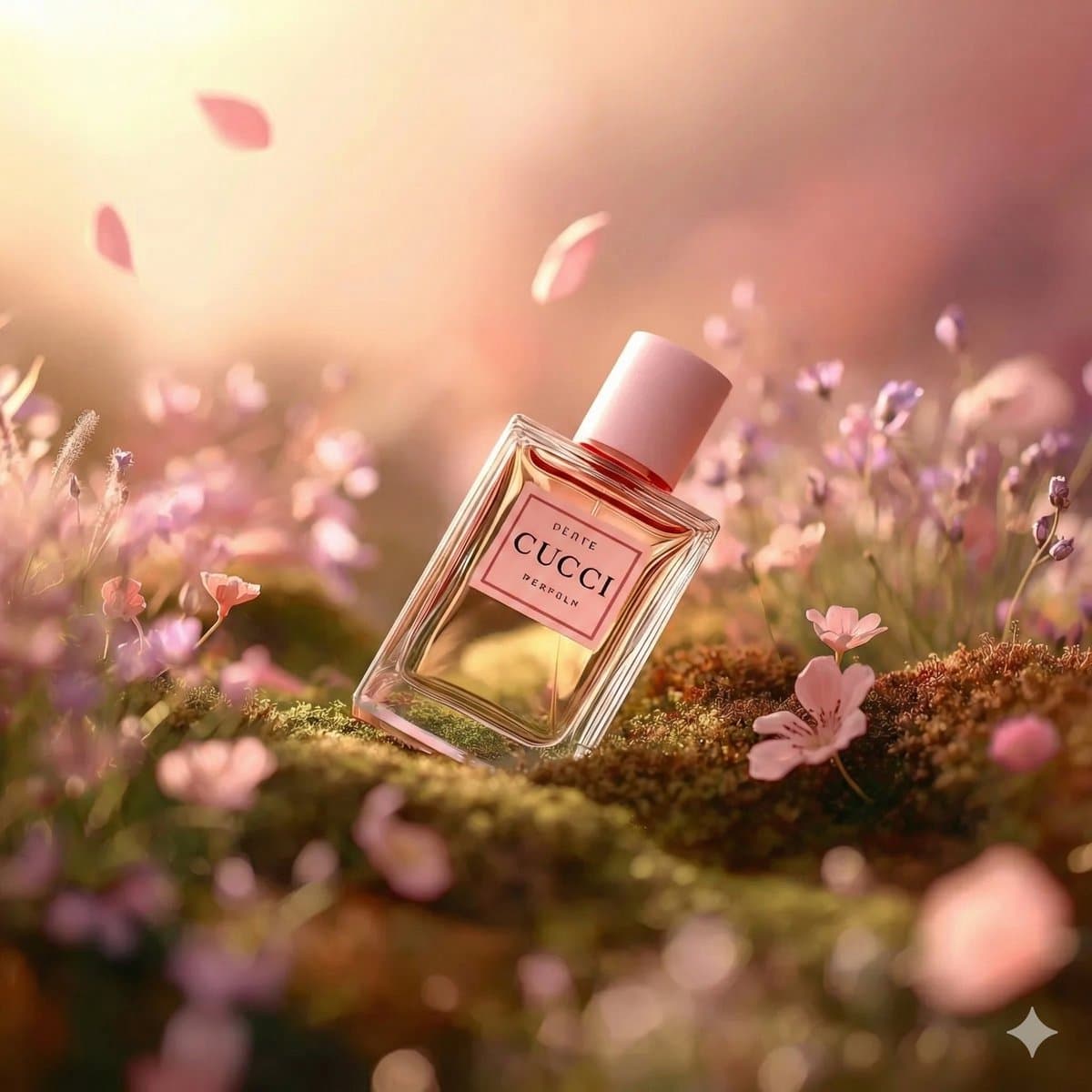 Hyper-realistic luxury perfume product shot in fantasy meadow — example 2