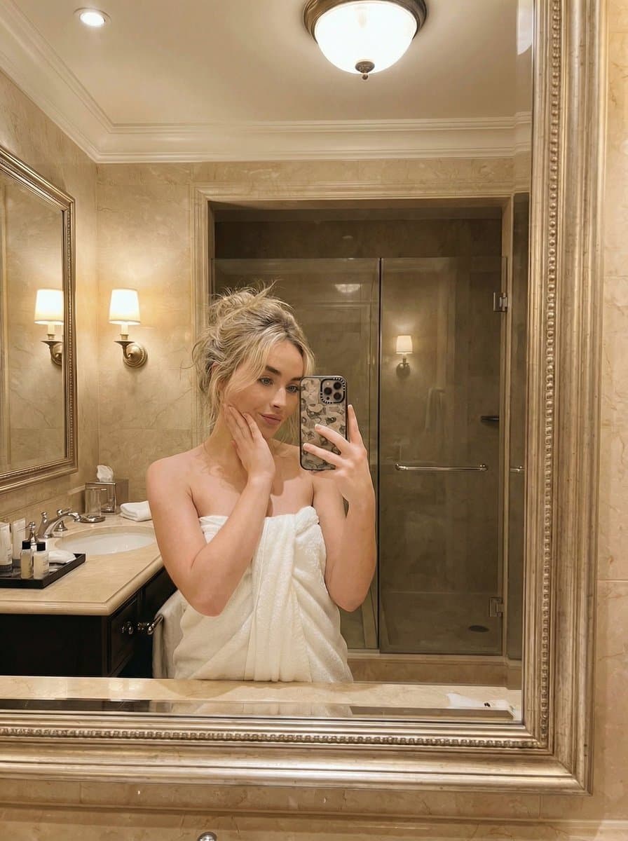 Sabrina Carpenter Mirror Selfie in a Bath Towel — example 3