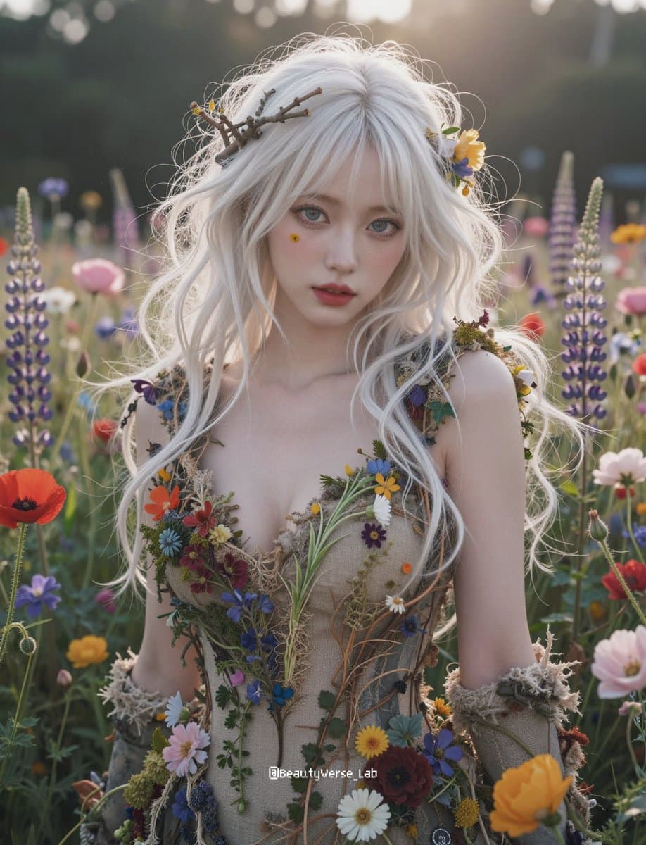 JSON Prompt for Ethereal Flower Field Fantasy Portrait — example 1