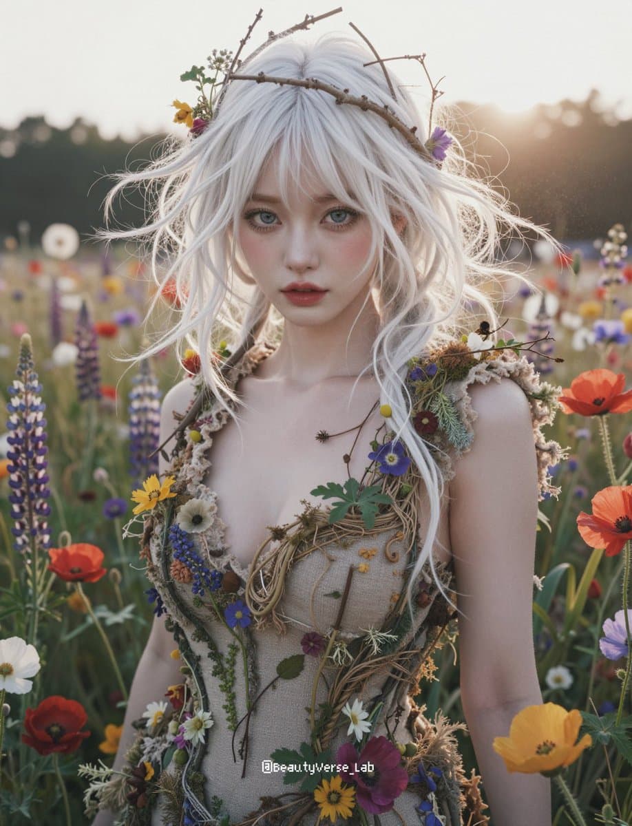JSON Prompt for Ethereal Flower Field Fantasy Portrait — example 2