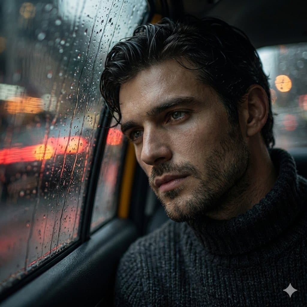 Cinematic Close-up in a Rainy Taxi — example 1