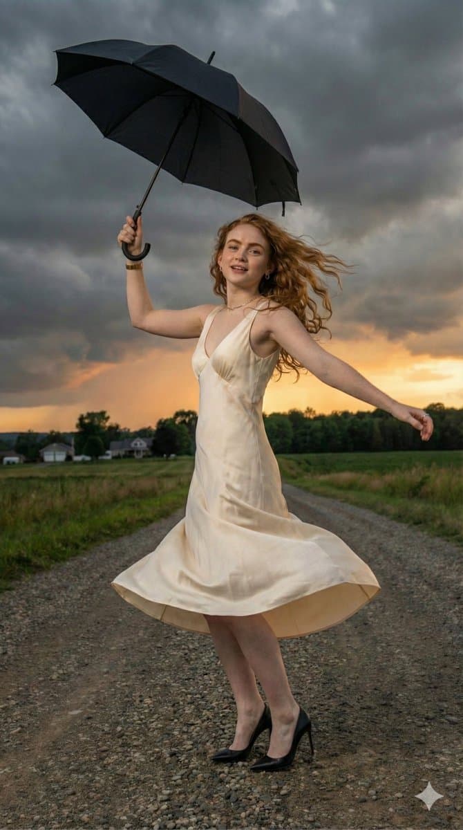 Sadie Sink Cinematic Stormy Sunset Portrait — example 2