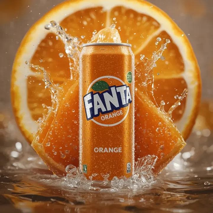 Hyper-realistic Fanta Orange Product Shot with Splash — example 1