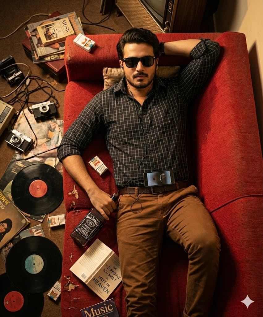 Cinematic Overhead Portrait of a Man on a Red Couch — example 1