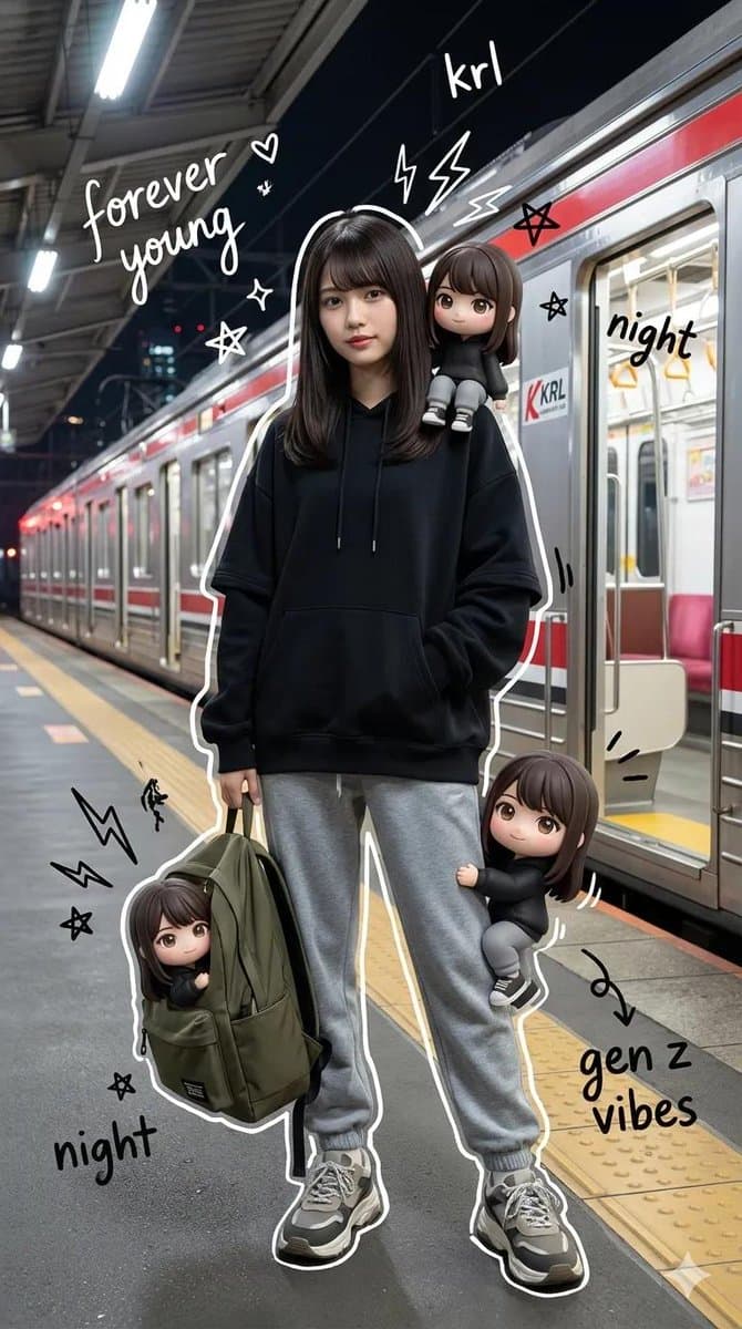Mixed-Media Portrait with Chibi Overlays at Night Train Station — example 1