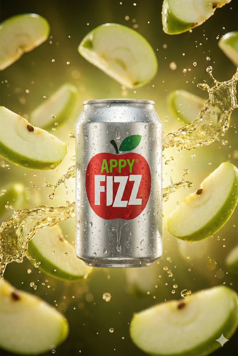Hyper-realistic cinematic product shot of Appy Fizz can with exploding apple slices — example 1