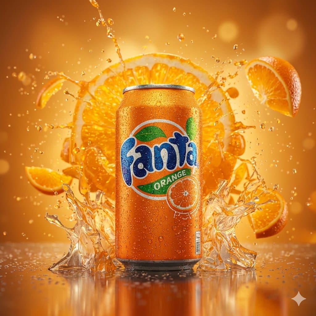 Hyper-realistic cinematic product shot of Fanta Orange can with exploding orange slices — example 1