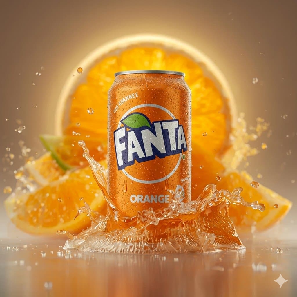 Hyper-realistic cinematic product shot of Fanta Orange can with exploding orange slices — example 3