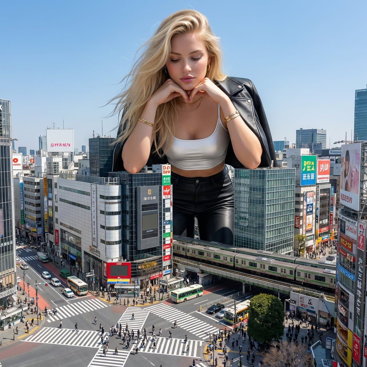 Surreal Giant Woman Over Tokyo Shibuya Crossing — example 1