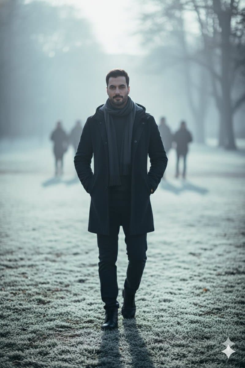 Hyperreal winter park walk portrait — example 1